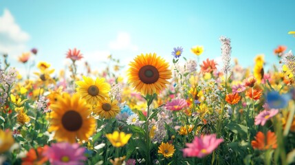 Vibrant wildflowers and sunflowers in a sunny field. © afif