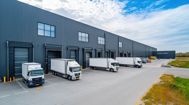 Wide-Angle View of Modern Warehouse with Multiple Delivery Trucks Parked in Front of Loading Docks