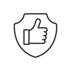 Thumbs up shield, icon in line design. Thumbs up shield, approval, protection, security, safety, trust, shield icon on white background vector. Thumbs up shield editable stroke icon