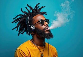 A man with dreadlocks and a beard smokes and listens to music.