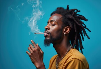 Fototapeta premium A young man with dreadlocks smokes a cigarette against a blue background.