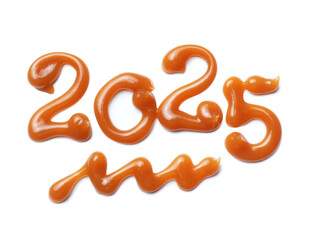 Date of the New Year 2025 drawn with melted caramel close up isolated on a white background © Krafla