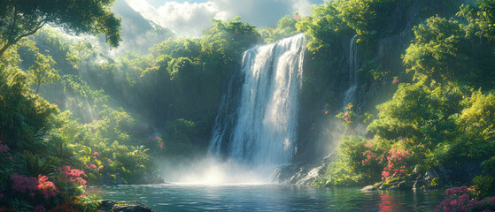 Serene Waterfall in Lush Tropical Paradise