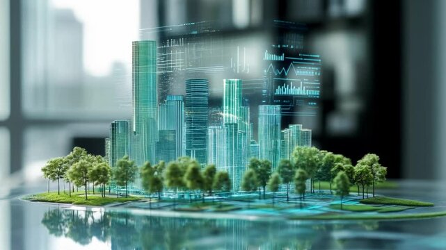 Modern architectural city model with glass skyscrapers and green trees. Urban development concept. Sustainable eco-friendly design visualization for real estate presentation with copy space