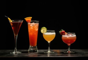 Fototapeta premium Five colorful cocktails with garnishes are arranged on a black surface.