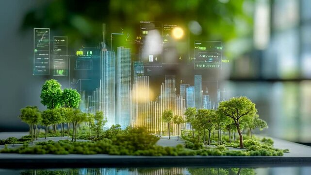 Futuristic green city architectural model with miniature trees and glass skyscrapers. Sustainable urban development concept for smart eco-friendly metropolis with copy space