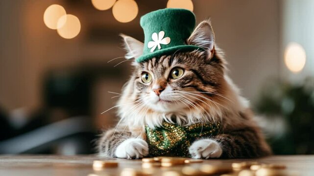 Adorable fluffy cat wearing green St Patrick's Day hat lying on wooden table. Holiday celebration pet portrait with bokeh lights. Festive animal composition for greeting cards with copy space