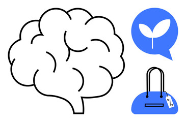 Black outline of brain, blue shopping bag with tag, and blue bubble with leaf. Ideal for creativity, sustainability, mental health, e-commerce, environmentalism innovation education. Line metaphor