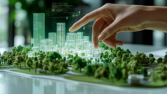 Interactive 3D City Planning Model with Holographic Skyscrapers and Green Spaces. Modern Urban Development Visualization. Smart City Architecture Concept for Sustainable Design with Copy Space