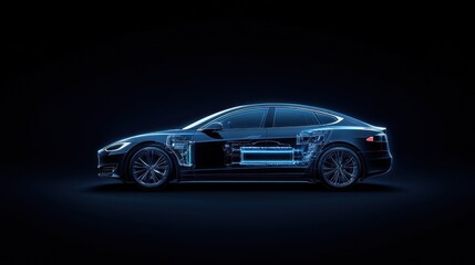 Futuristic Electric Car Design with Transparent Body and Internal Components Showcasing Advanced Technology