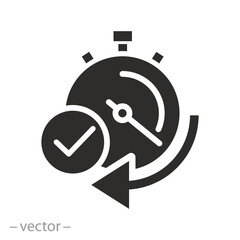 timer with check mark, quick time icon, fast deadline, instant verification, rapid delivery, flat vector illustration