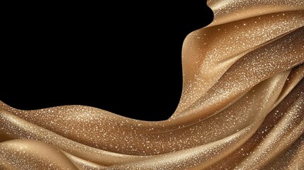 Flowing gold waves on a black background create a luxurious design element, enhanced by shimmering particles and space for text