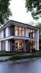 A contemporary multi-story house featuring large windows and balconies, set in a lush green landscape during twilight with a tranquil outdoor area.