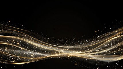 Flowing gold waves on a black background create a luxurious design element, enhanced by shimmering particles and space for text