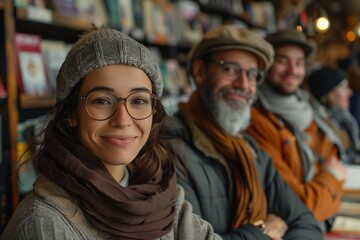Obraz premium A warm and inviting scene of smiling friends enjoying a cozy moment in a bookshop, capturing connection and joy.