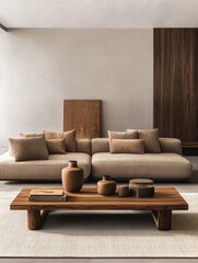 Spacious modern lounge with big sofa and wooden coffee table