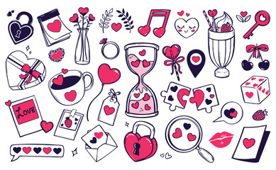 Valentine’s day doodles set. Love theme simple doodle illustrations for design. hearts, romantic icons and clipart for stickers banners and cards 