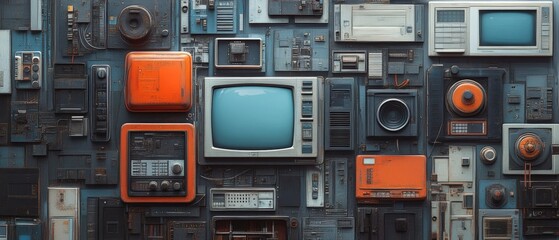 Obraz premium a collection of vintage electronics and devices on a wall