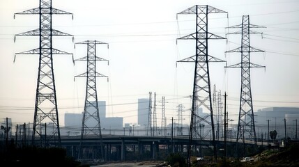 Urban landscape with transmission towers and city skyline in background.
