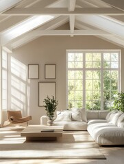 Fototapeta premium Panoramic picture of a spacious living room full of light