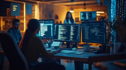 A diverse team of developers, collaborating on futuristic technology projects, digital screens displaying holograms and coding. The innovation, teamwork, technological advancements, tech business