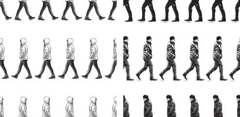 Seamless patterns of sketches casual citizens walking ourdoors, profile view, realistic hand drawings, vector, background, paper, wallpaper