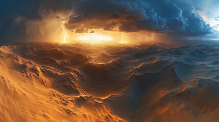Dramatic sunset over a mountainous desert landscape with a stormy sky and lightning.