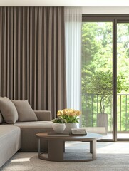 Spacious, modern and brown living room interior with a grey sofa, table, flowerpots, curtains and sliding balcony doors