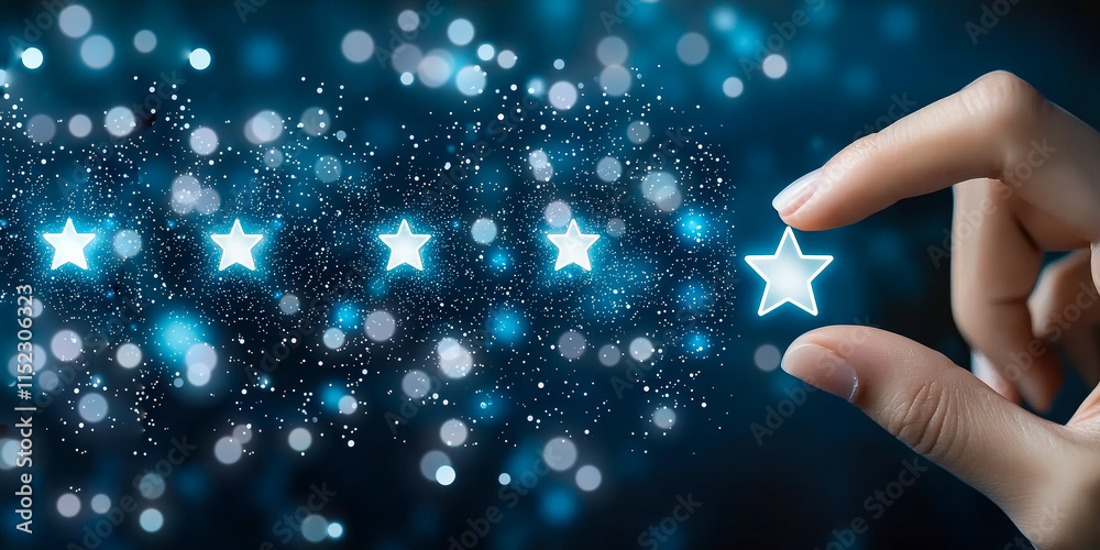 Poster hand placing glowing star in a dark, sparkling atmosphere to signify rating or achievement