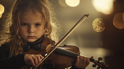 Fototapeta premium Little girl playing violin, serious expression, bokeh lights.