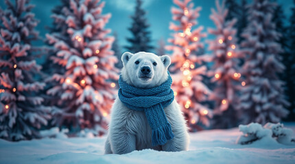 Friendly polar bear with blue scarf in snowy forest decorated with lights
