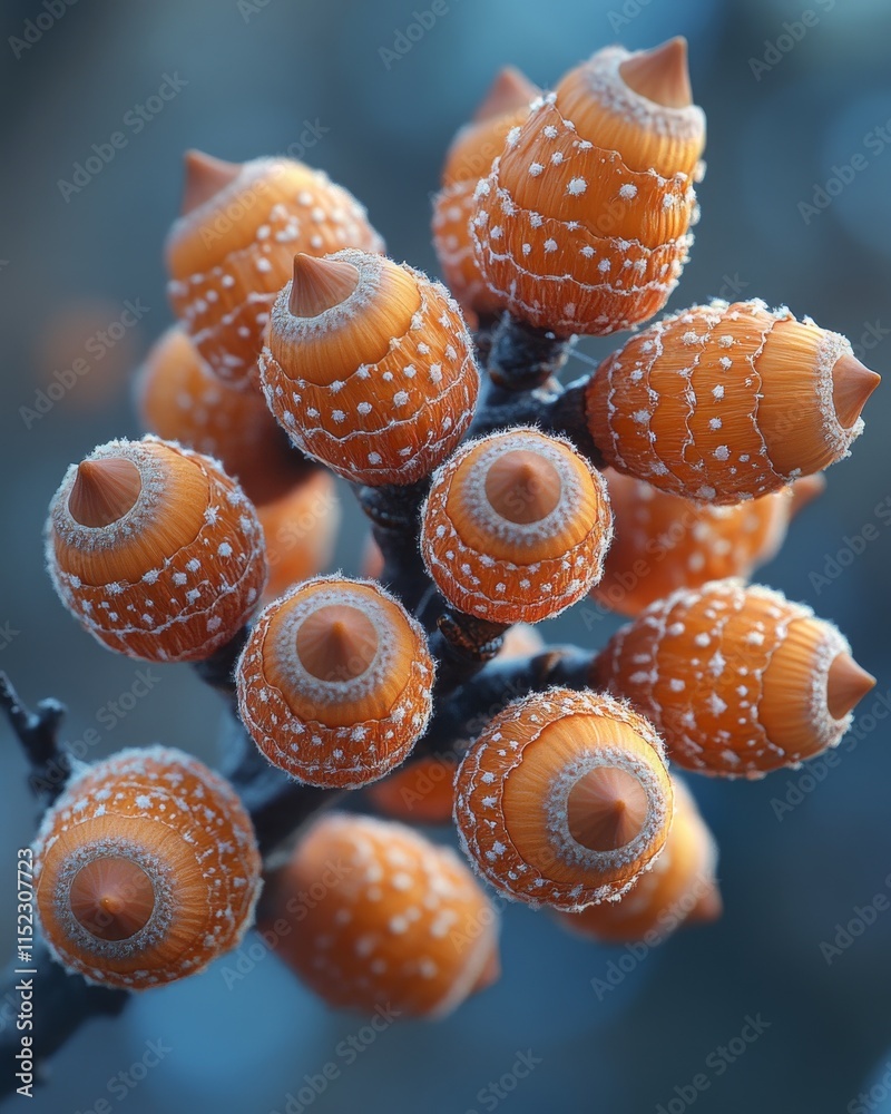 Poster A cluster of vibrant orange seed pods, adorned with intricate patterns and delicate textures, creates a captivating abstract composition.