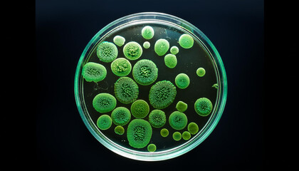 Microscopic view of green cells on round glass. Science, laboratory research. Macro shot. Top view.