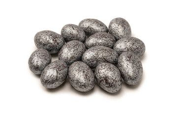Chocolate silver eggs isolated on a white background.