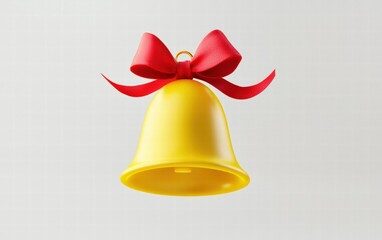 A bright yellow ornament shaped like a bell with a red bow floating mid-air, isolated on white