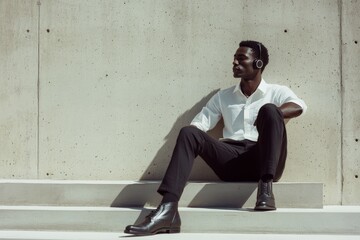 Young african male relaxing with headphones against concrete wall.
