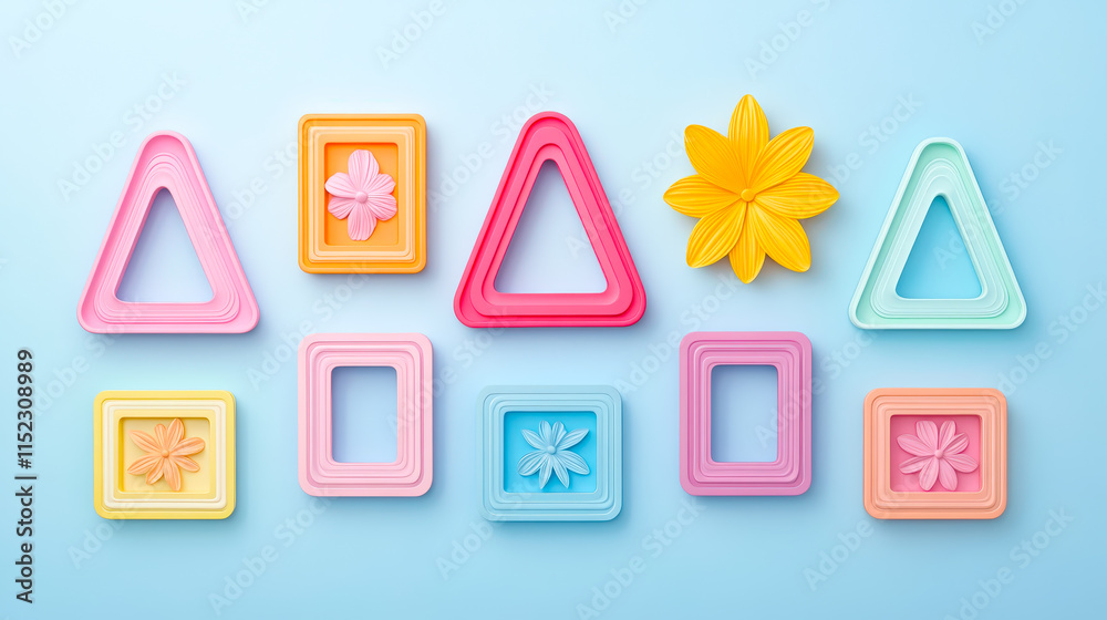 Aufkleber colorful geometric shapes and floral motifs arranged on a light blue background creating an artistic