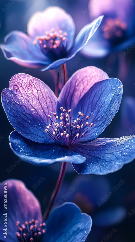 Aufkleber colorful flowers with intricate petals and dew drops in a soft, dreamy background setting