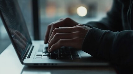 Close-up of hands typing on laptop keyboard.
