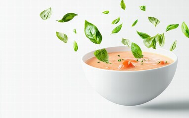 A creamy tomato soup bowl levitating mid-air with basil garnish, isolated on a bright white background