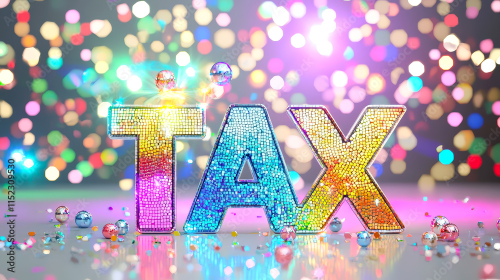 Poster colorful decorative letters spelling tax surrounded by sparkling lights and confetti in a festive se