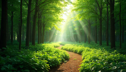 Fototapeta premium A lush green forest with sunlight filtering through the trees, symbolizing sustainability and eco-consciousness with a walking path in the middle