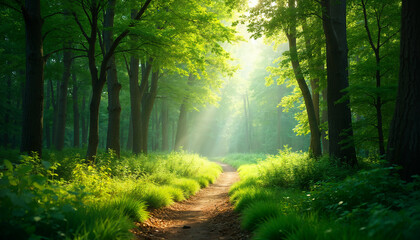 Naklejka premium A lush green forest with sunlight filtering through the trees, symbolizing sustainability and eco-consciousness with a walking path in the middle