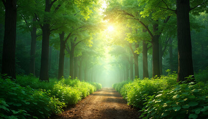 Fototapeta premium A lush green forest with sunlight filtering through the trees, symbolizing sustainability and eco-consciousness with a walking path in the middle