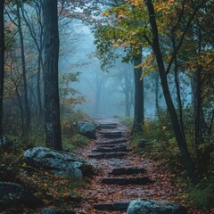 Fototapeta premium a path with steps goes through a misty forest