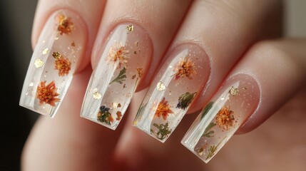 Elegant nail art featuring dried flowers and gold accents in a clear gel design