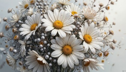 charming bouquet of white daisies and silver berries on a light background
