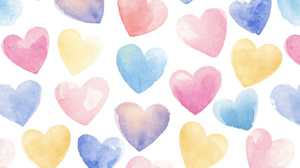 Fototapeta premium Pattern of cute hearts in pastel colors on a white background is a watercolor illustration. Simple children's drawings for the design of backgrounds, postcards and albums.