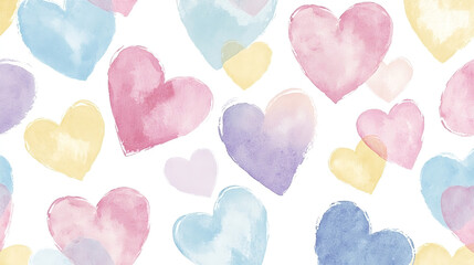 Fototapeta premium Pattern of cute hearts in pastel colors on a white background is a watercolor illustration. Simple children's drawings for the design of backgrounds, postcards and albums.
