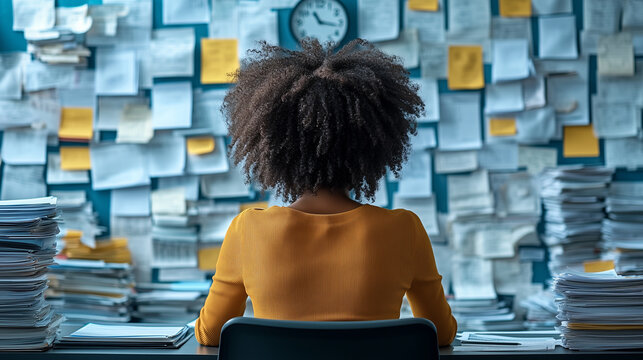 A person sitting at a desk, surrounded by organized documents and a clock on the wall.